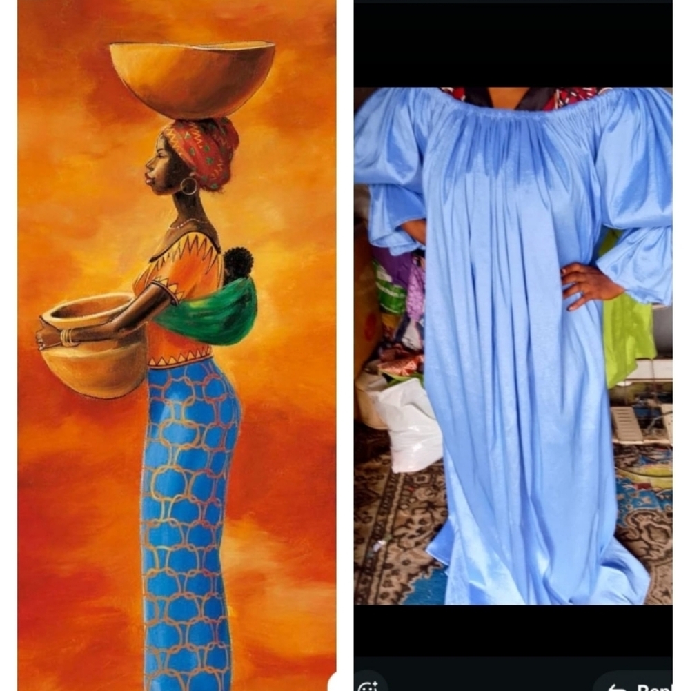 Vibrant Blue Off-Shoulder Dress with Artistic Print. Painted African Mum